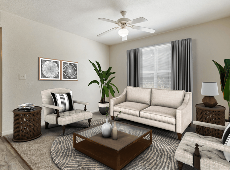 Virtually staged living room with tan carpeted flooring, arge window with white blinds and a white multi-speed ceiling fan on the ceiling